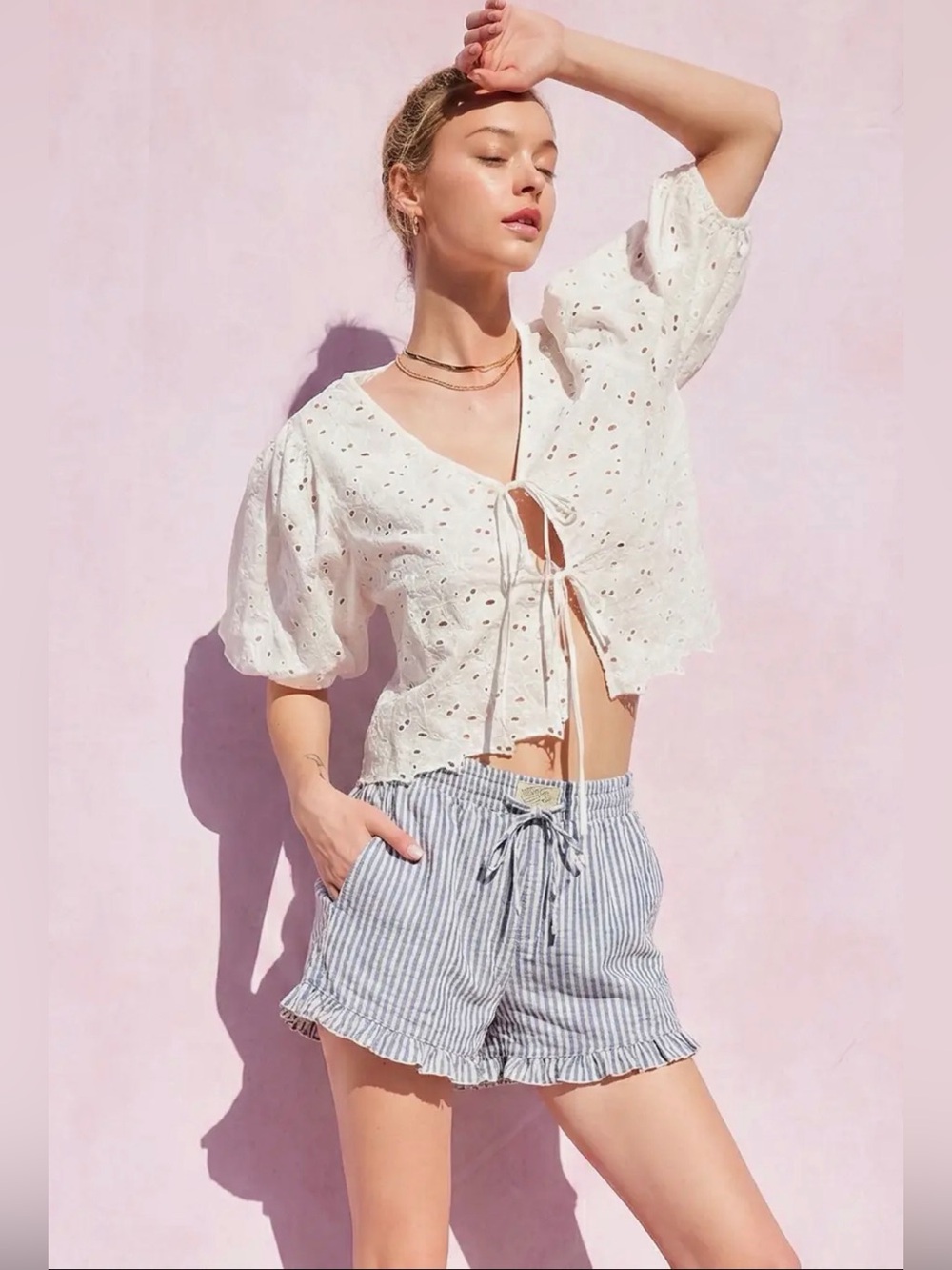 Blue Striped Cotton Shorts
